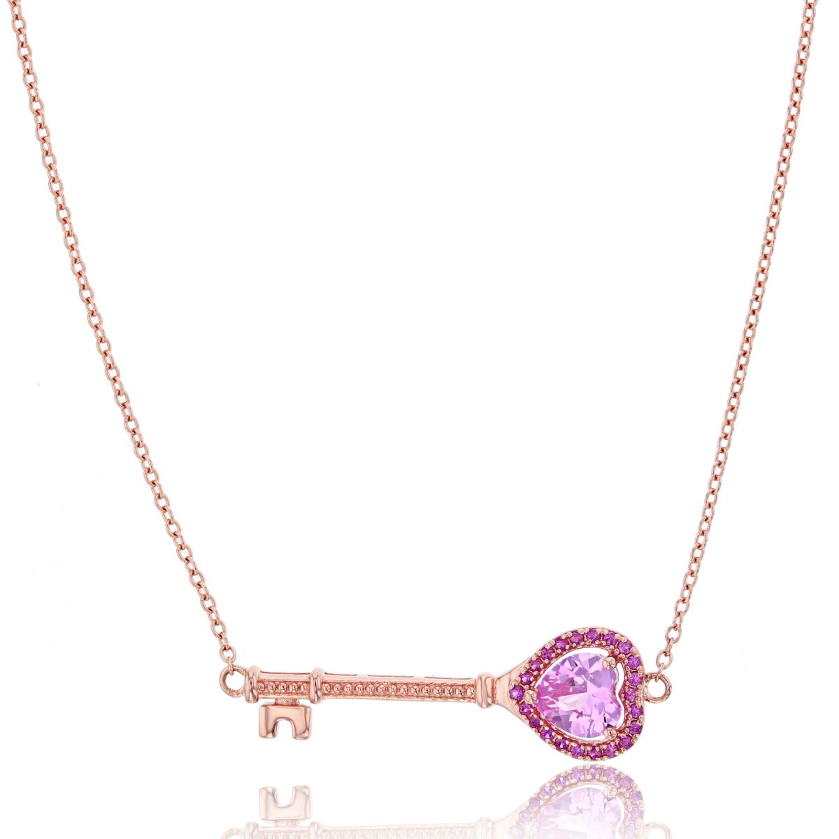 Sterling Silver+1Micron 14KR Gold 6mm HS Cr.Pink Sapphire & Rnd Cr.Ruby Key 18"Necklace