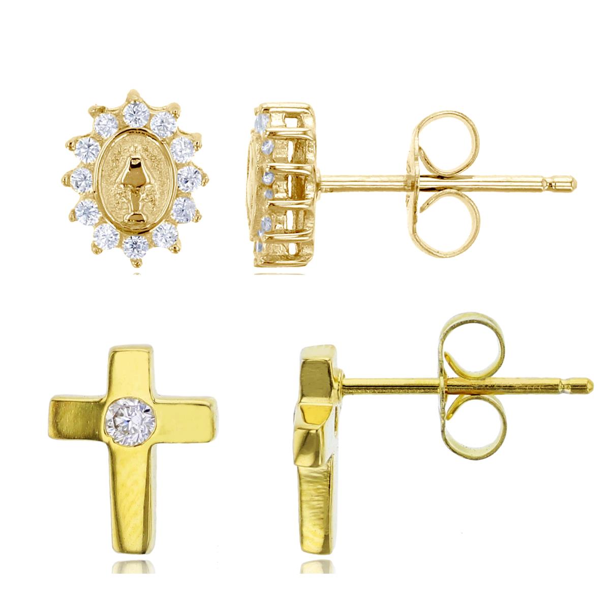 Sterling Silver Yellow CZ Religious & Cross Stud Earring Set