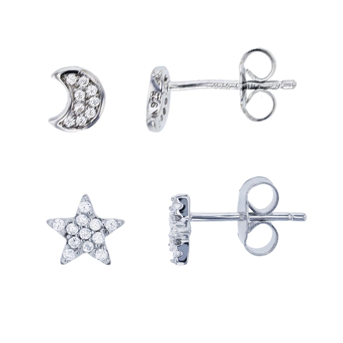 Sterling Silver Rhodium Star & Moon Stud Earring Set