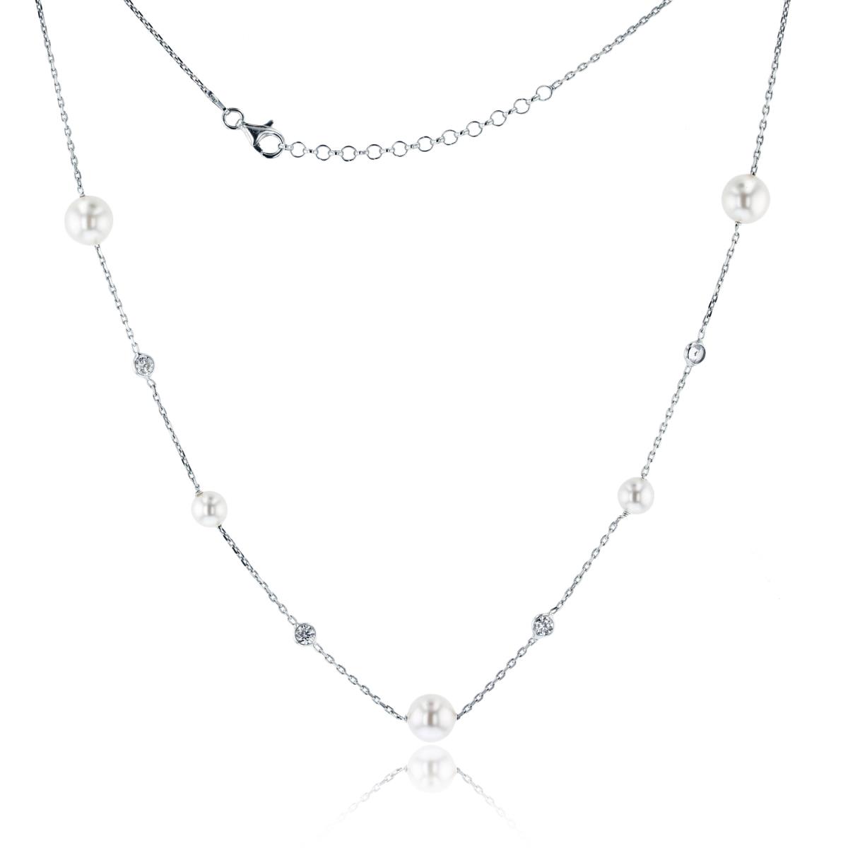 Sterling Silver Rhodium 6mm/7mm Rnd White Pearl & 4mm Rnd Created White Sapphire Station 16"+2"Necklace