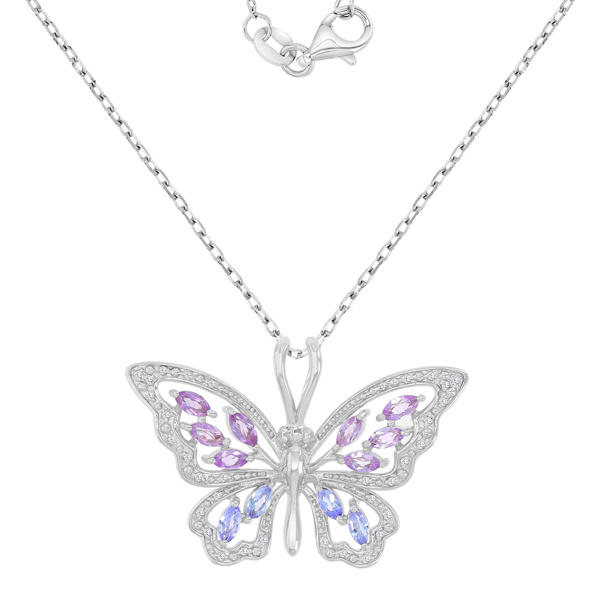 Sterling Silver Rhodium 0.10cttw Rnd Diamonds & 4x2mm MQ Rose De France/Tanzanite Butterfly 18"Necklace