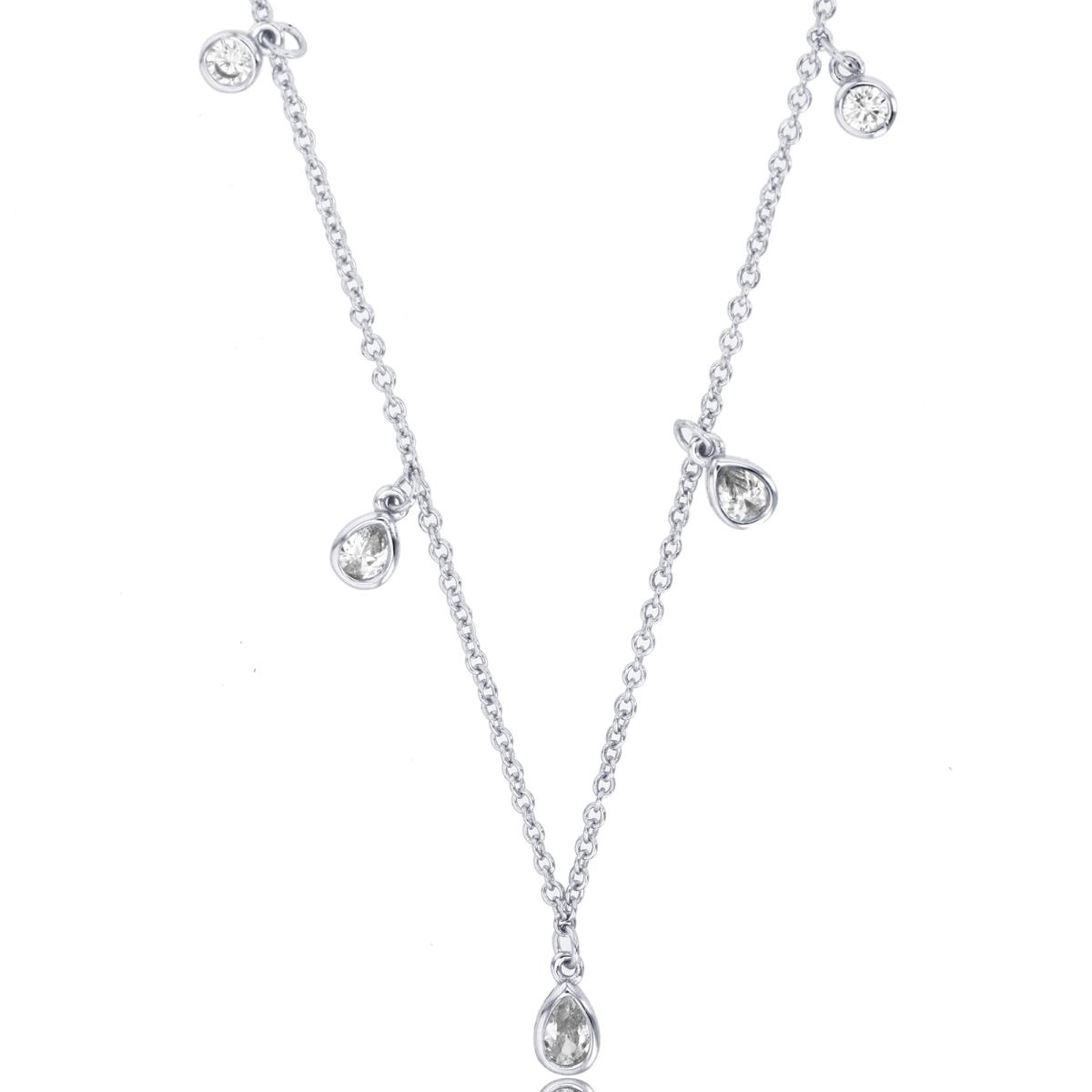 Sterling Silver Rhodium 4x3mm PS & 3mm Rnd CZ Bezel Drops Station16+2ext"Necklace