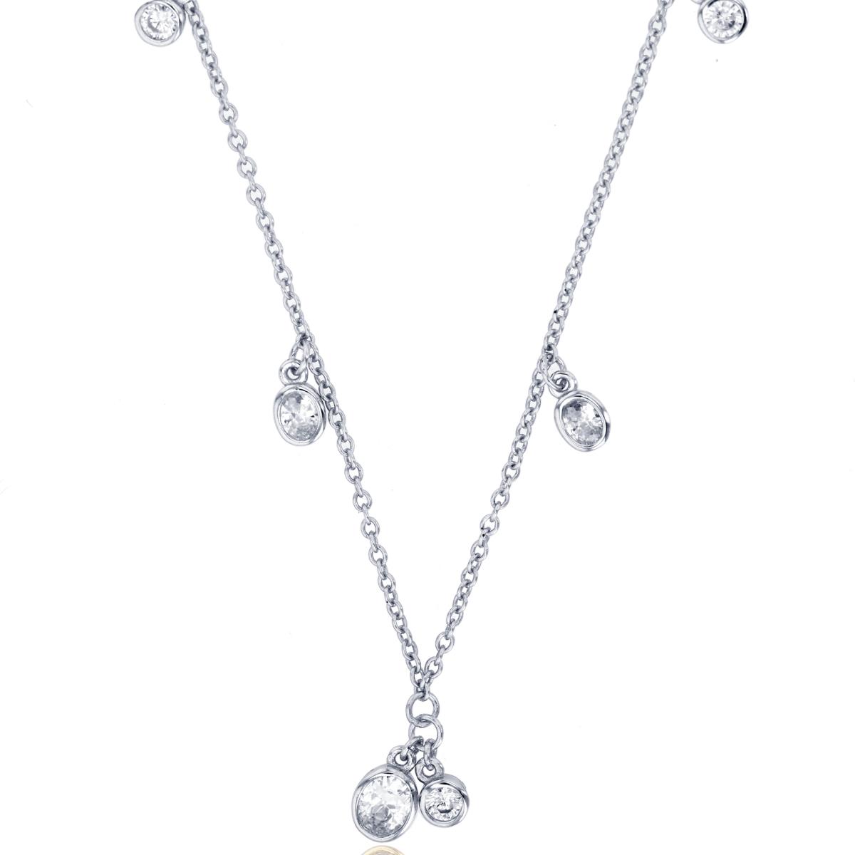 Sterling Silver Rhodium 5x3/3x2mm Oval & 3mm Rnd CZ Bezel Drops Station16+2ext"Necklace