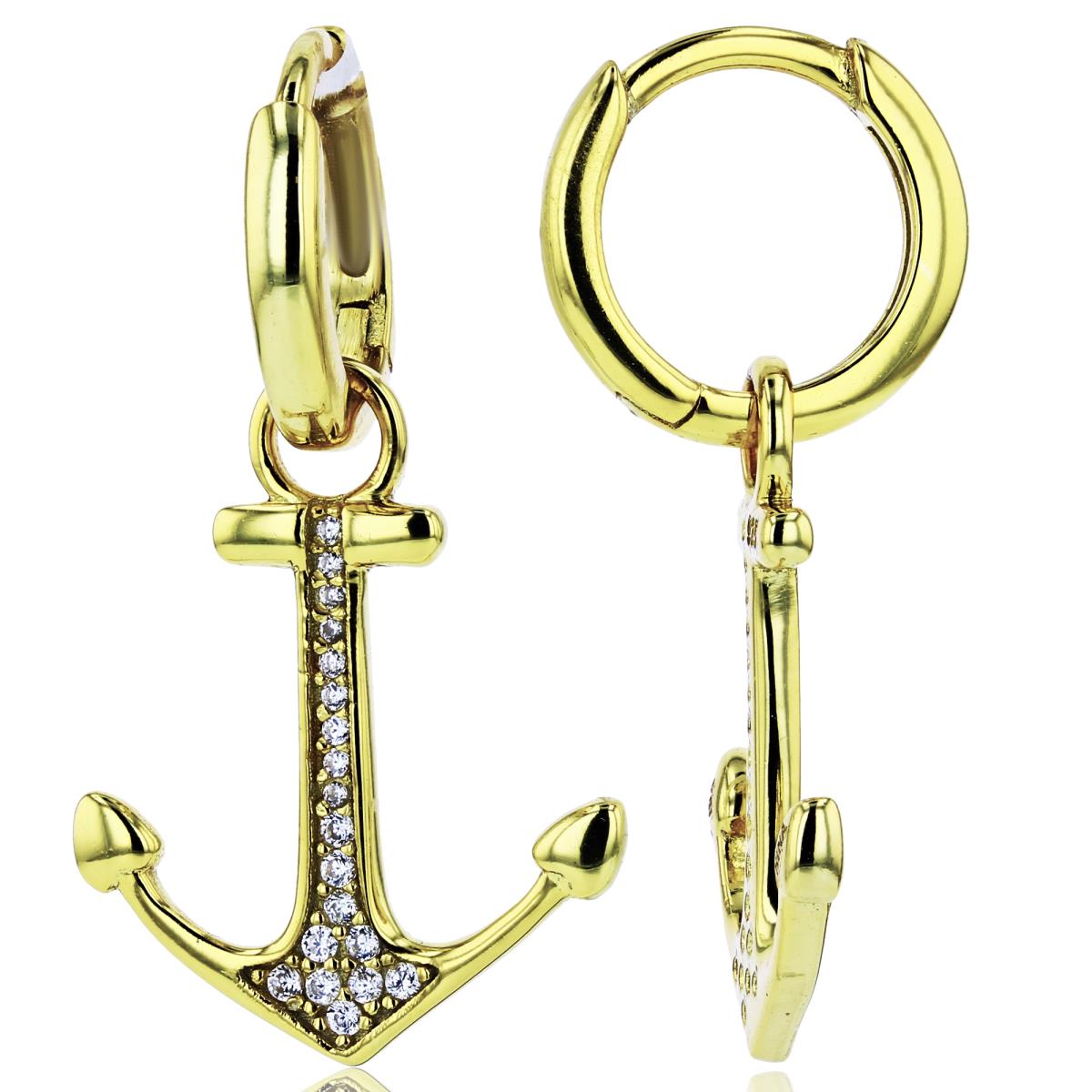 Sterling Silver Yellow Rnd CZ Pave Anchor Dangling on Huggie Earrings
