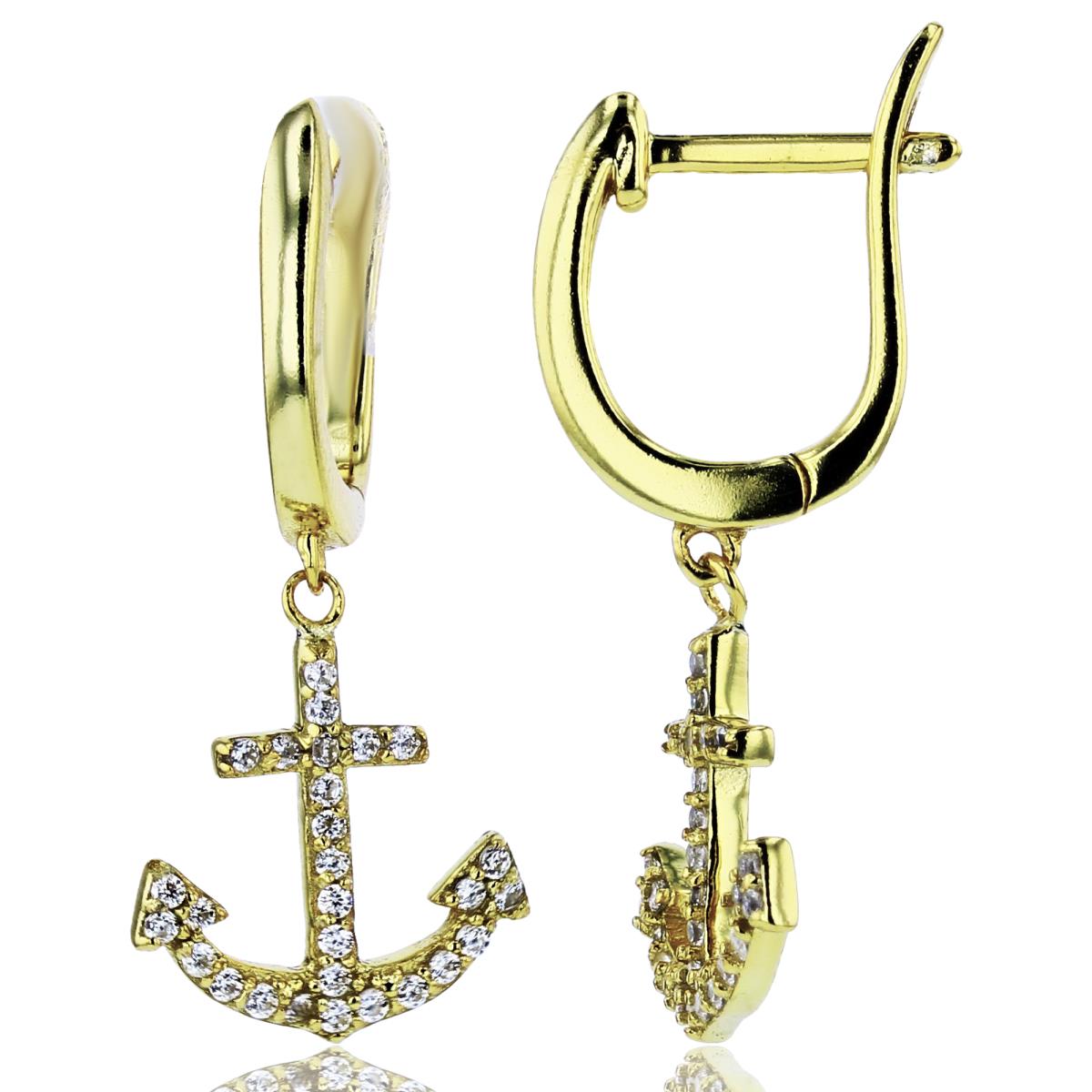 Sterling Silver Yellow Rnd CZ Anchor Dangling on Huggie Earrings