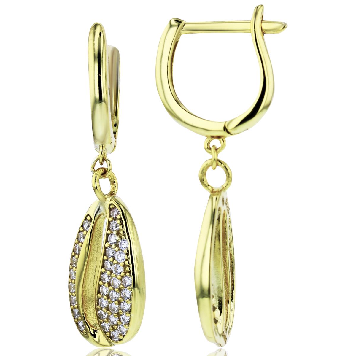 Sterling Silver Yellow Rnd CZ Pave PS-shape Dangling on Huggie Earrings