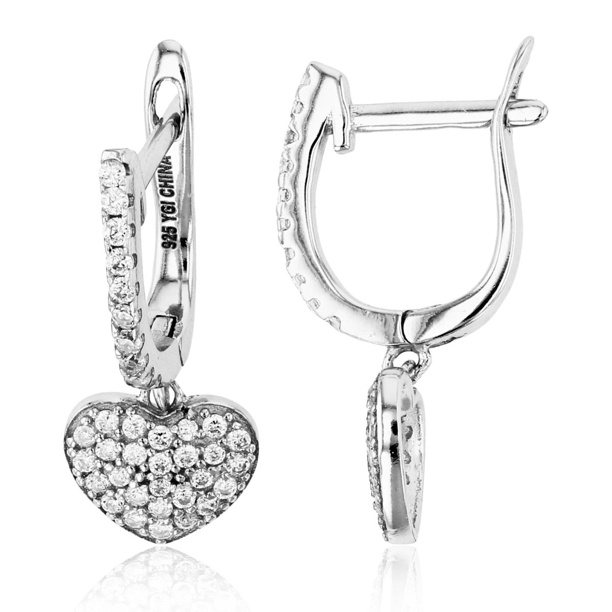 Sterling Silver Rhodium Rnd CZ Pave Puffy Heart Dangling on Huggie Earrings