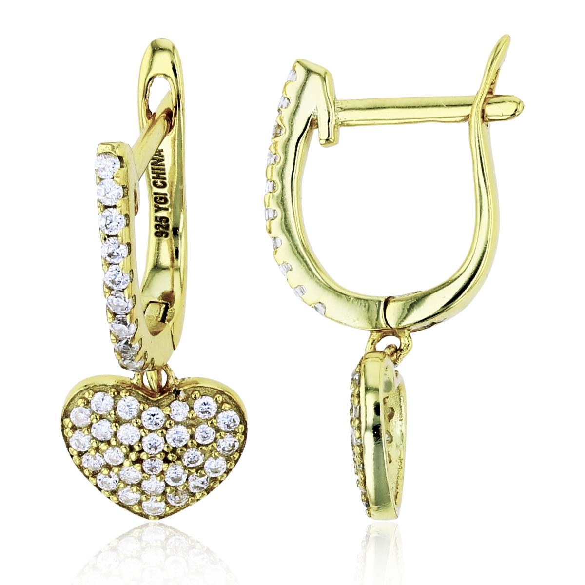 Sterling Silver Yellow Rnd CZ Pave Puffy Heart Dangling on Huggie Earrings