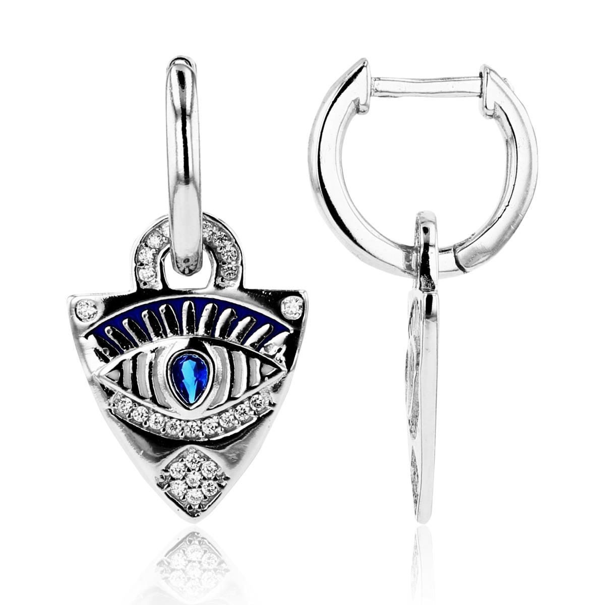 Sterling Silver Rhodium 2x1.5mm PS Blue & Rnd White CZ Evil Eye in Textured Triangle Dangling Earrings