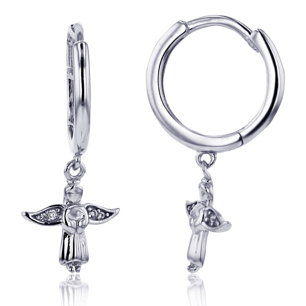 Sterling Silver Rhodium Rnd CZ Textured Angel Dangling on Huggie Earrings