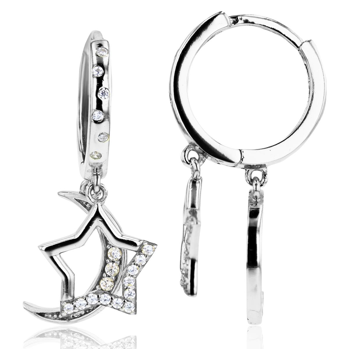 Sterling Silver Rhodium Rnd CZ Open Star & Moon Dangling CZ Bezel Huggie Earrings