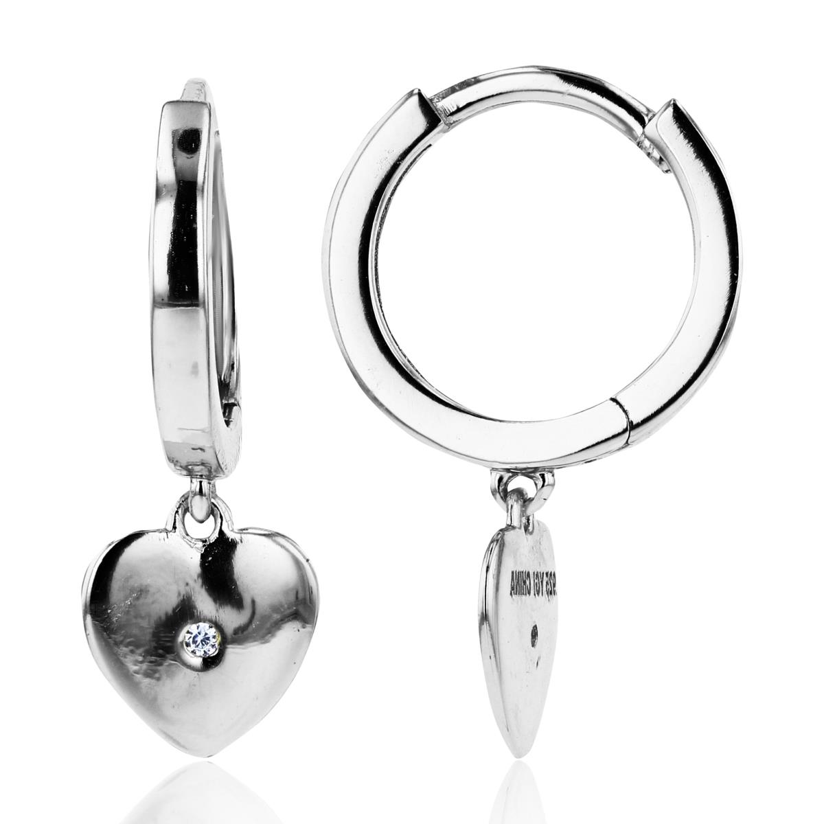 Sterling Silver Rhodium Single Bezel Rnd CZ Heart Dangling Huggie Earrings