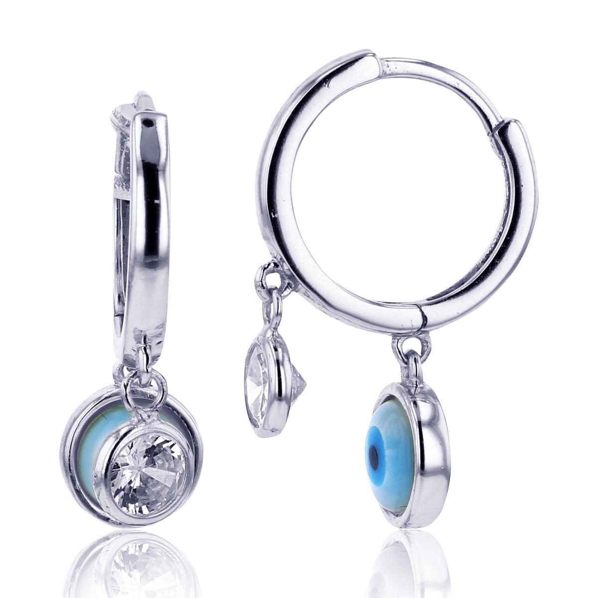 Sterling Silver Rhodium 4mm Rnd CZ Bezel Circle & Rnd Enamel Evil Eye 9x7mm  Dangling Huggie Earrings