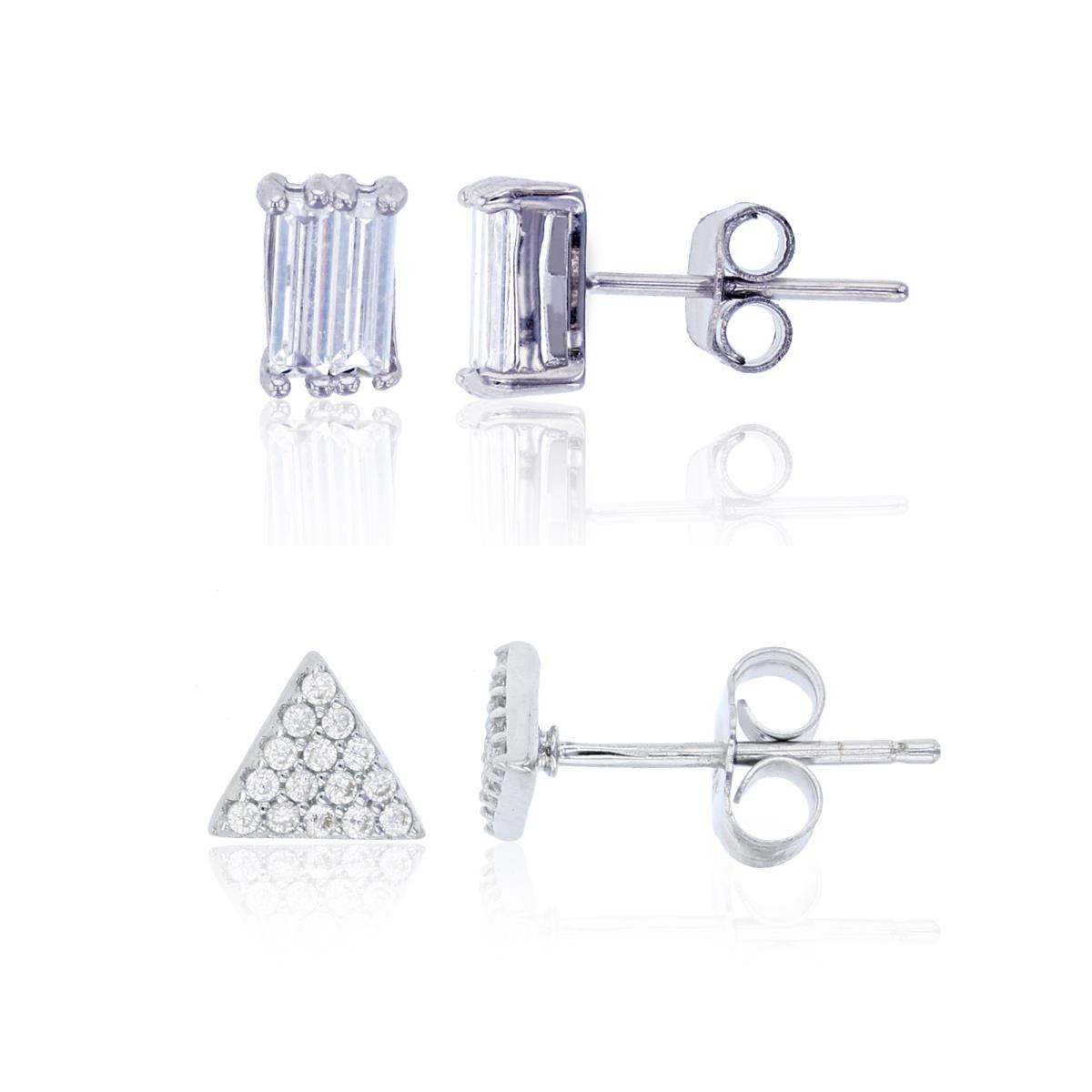 Sterling Silver Rhodium 2x6mm Baguette Cut & 6x6mm Micropave CZ Triangle Stud Earring Set 