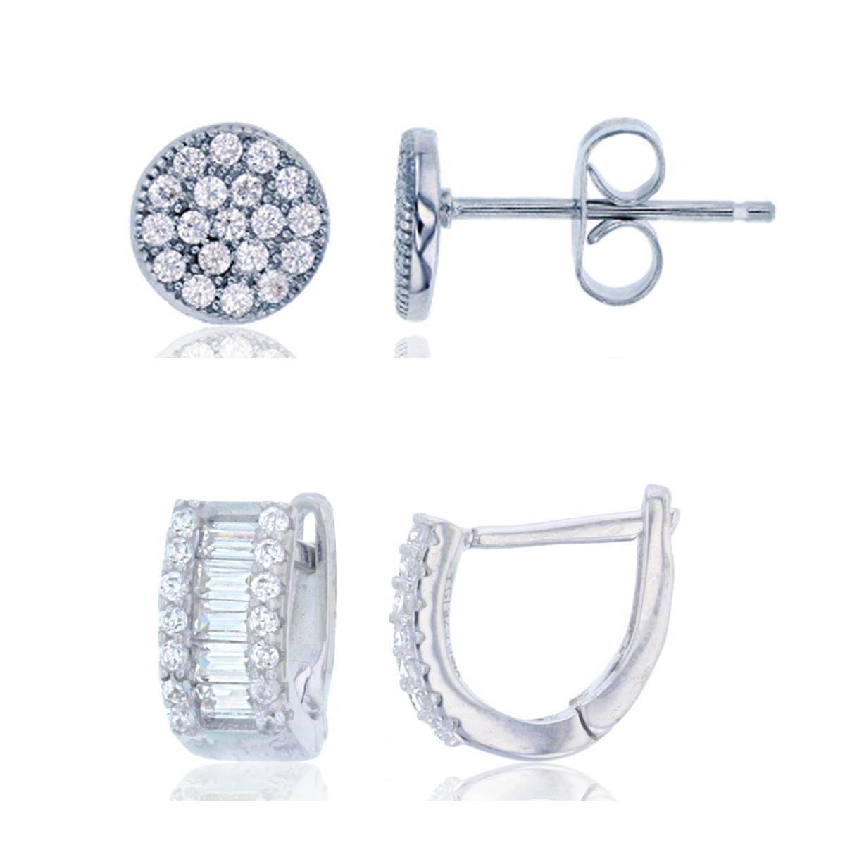 Sterling Silver Rhodium Micropave Rd & One-Row Bgt Huggie & Round CZ Stud Earring Set