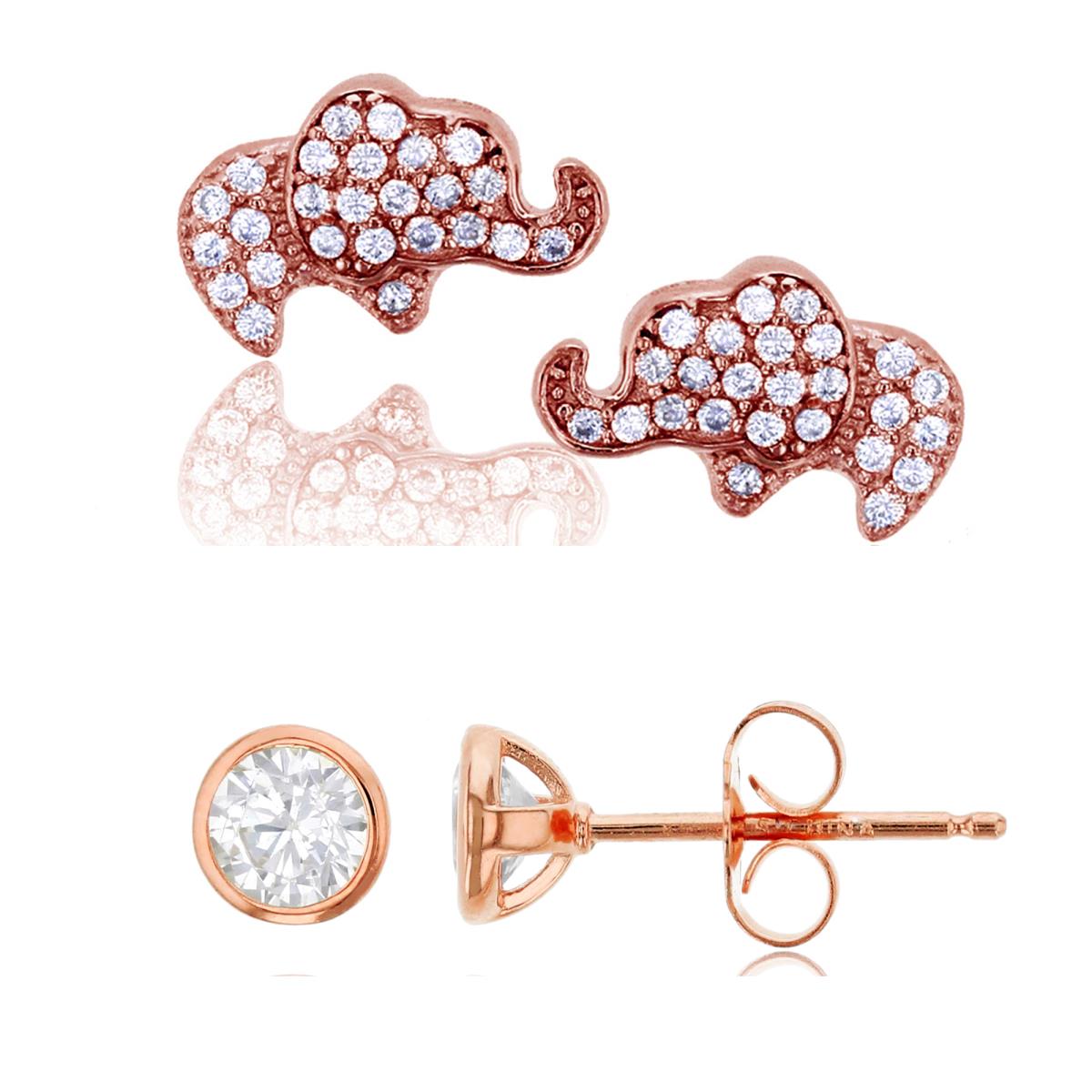 Sterling Silver Rose Pave Baby Elephant & 4mm Round Cut CZ Bezel Solitaire Stud Earring Set