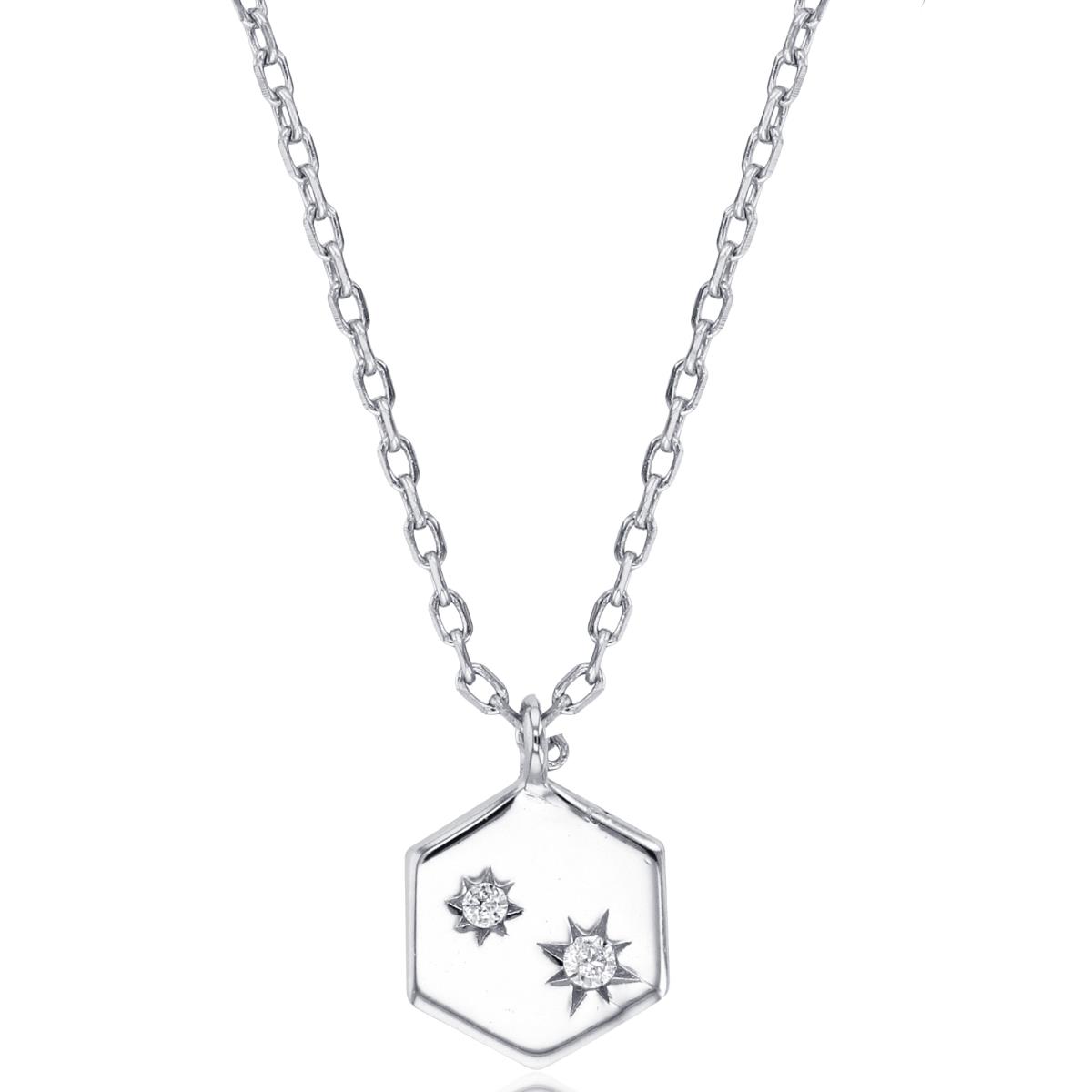 Sterling Silver Rhodium Rnd CZ Stars on Polish Hexagon 16+2"Necklace