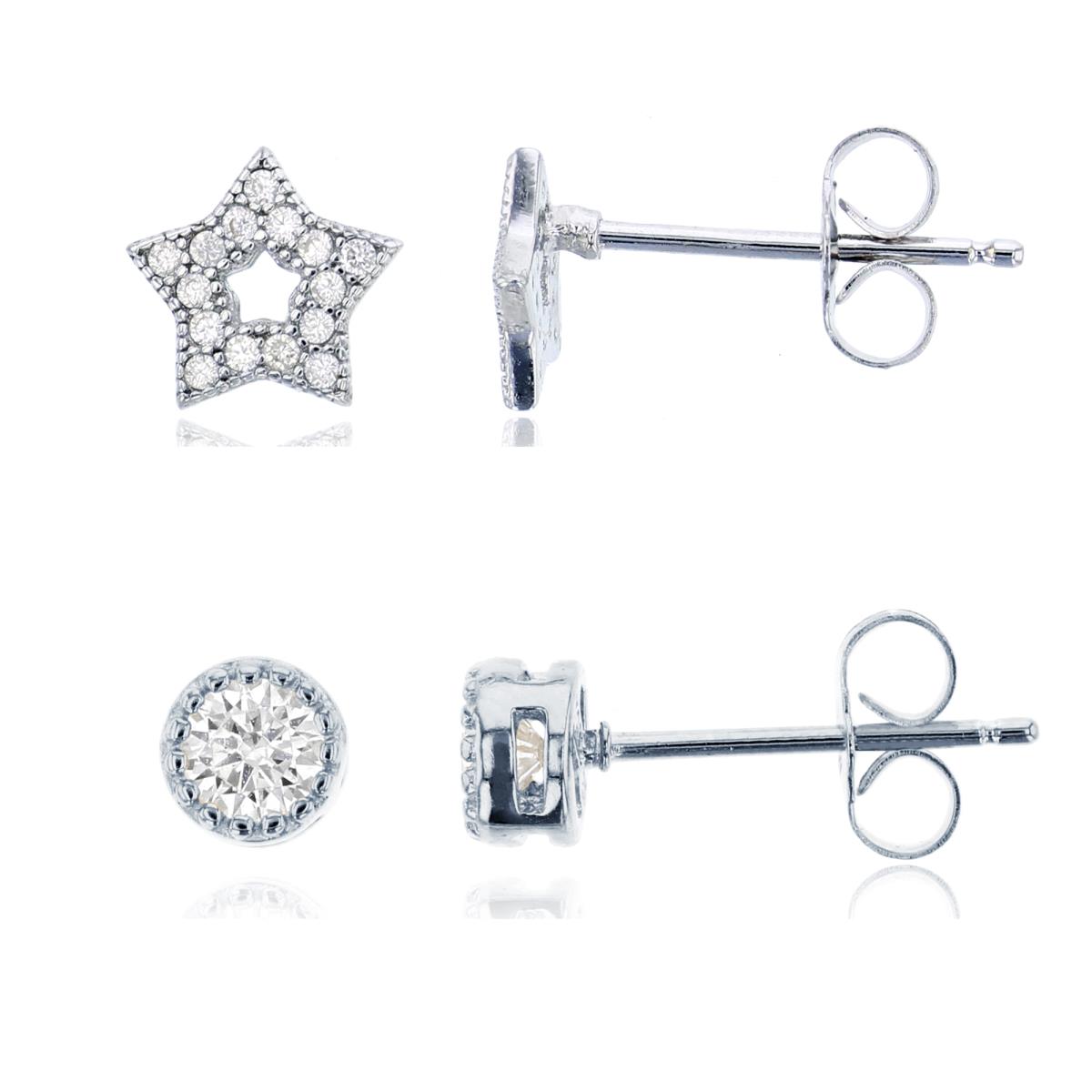 Sterling Silver Round Milgrain Solitaire & Petite Pave Star Stud Earring Set