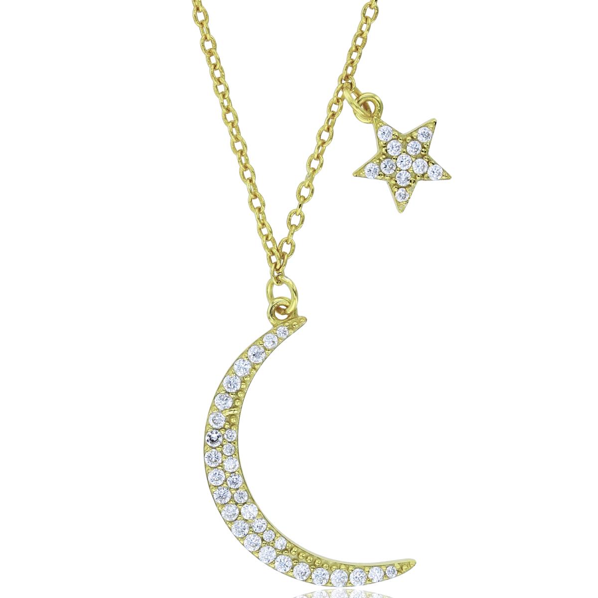 Sterling Silver Yellow Rnd CZ Star & Half Moon 16+2"Necklace