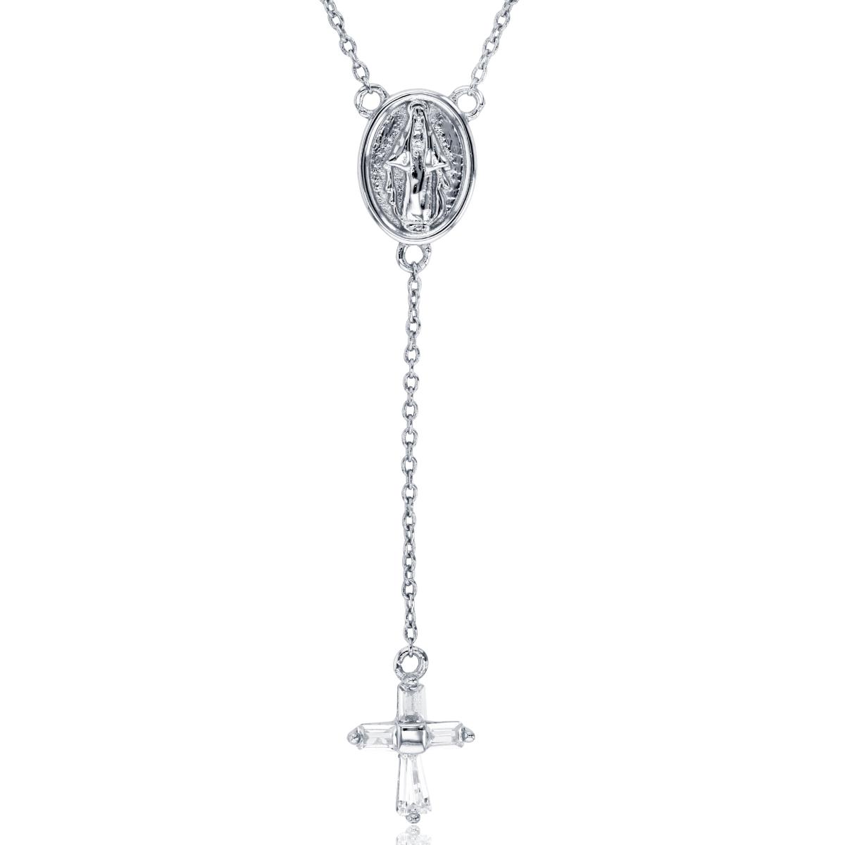 Sterling Silver Rhodium Dangling SB/TB CZ Cross & Ov Textured Virgin Mary 16+2" Necklace