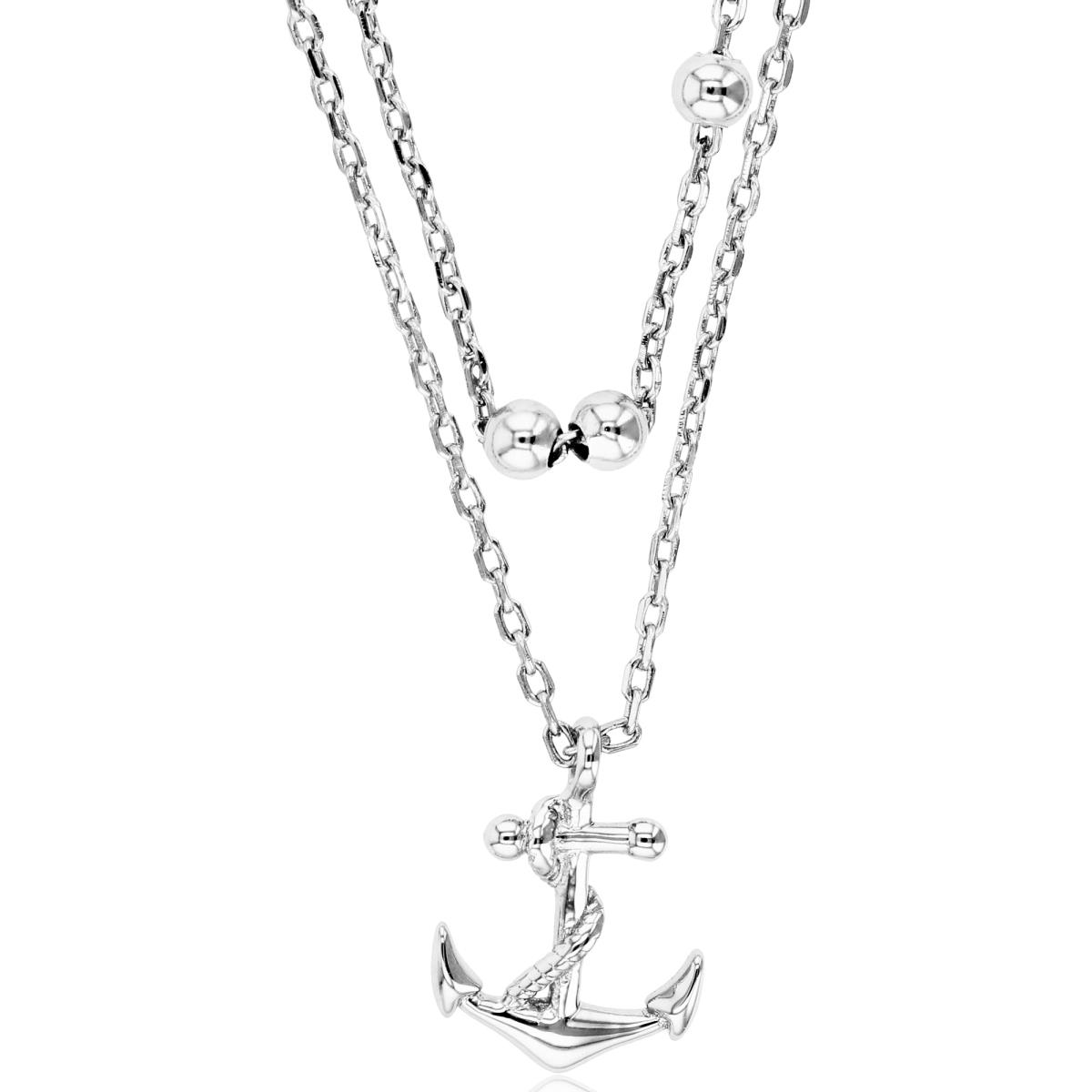 Sterling Silver Rhodium 3mm Movable Beads & Anchor Layered 18"/16"+2"ext Necklace