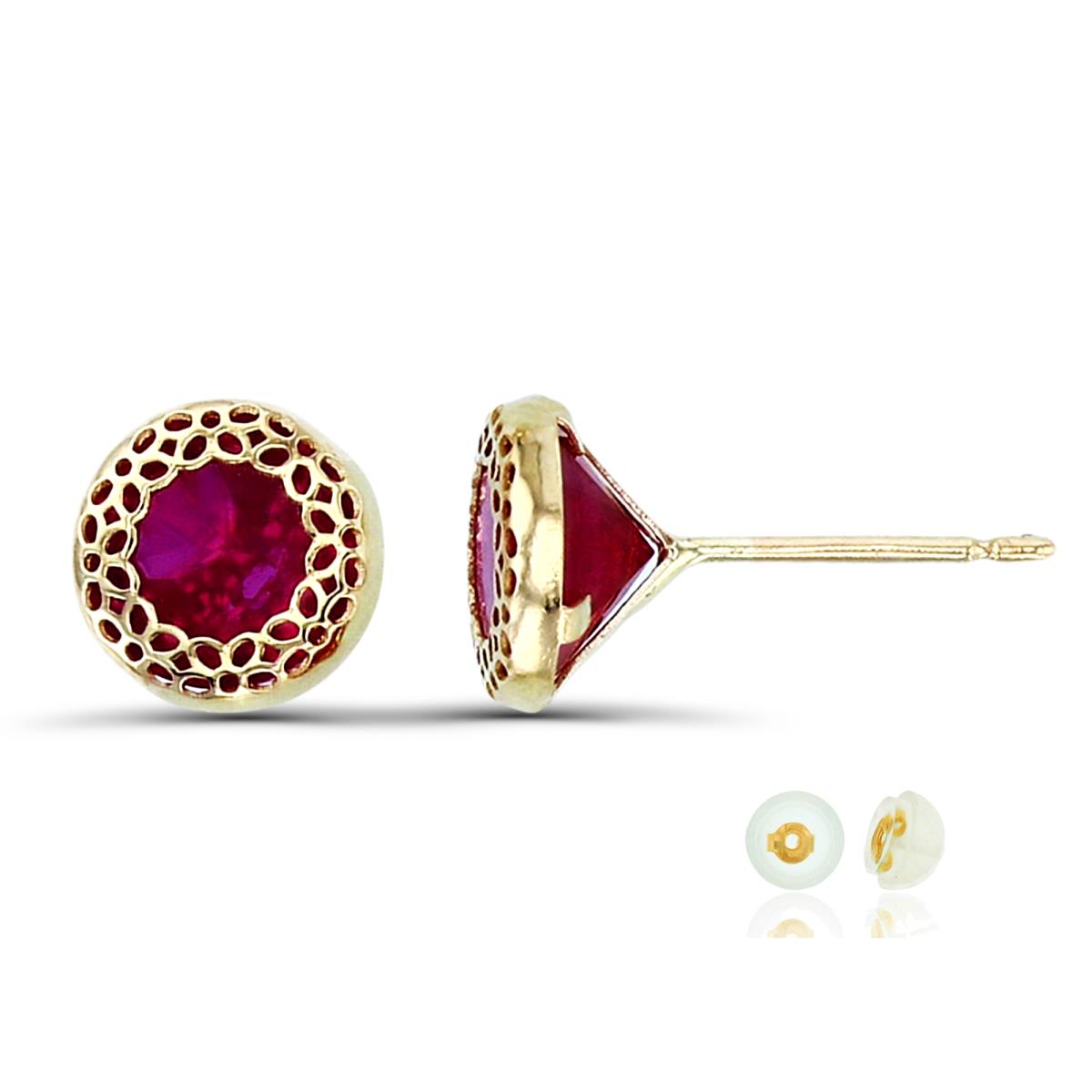 14K Yellow Gold 6mm Round Ruby CZ Textured Stud Earring with Silicone Back