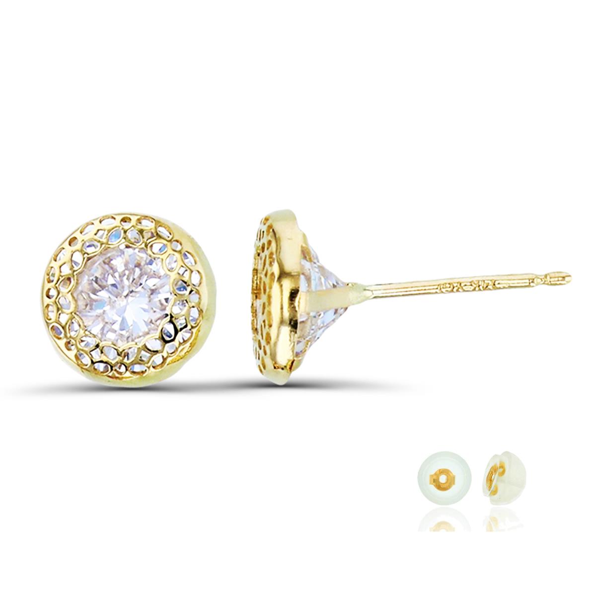 14K Yellow Gold 6mm Round White CZ Textured Stud Earring with Silicone Back