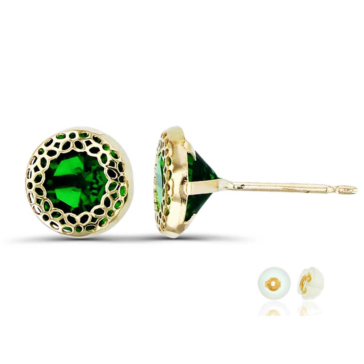 14K Yellow Gold 6mm Round Green CZ Textured Stud Earring with Silicone Back