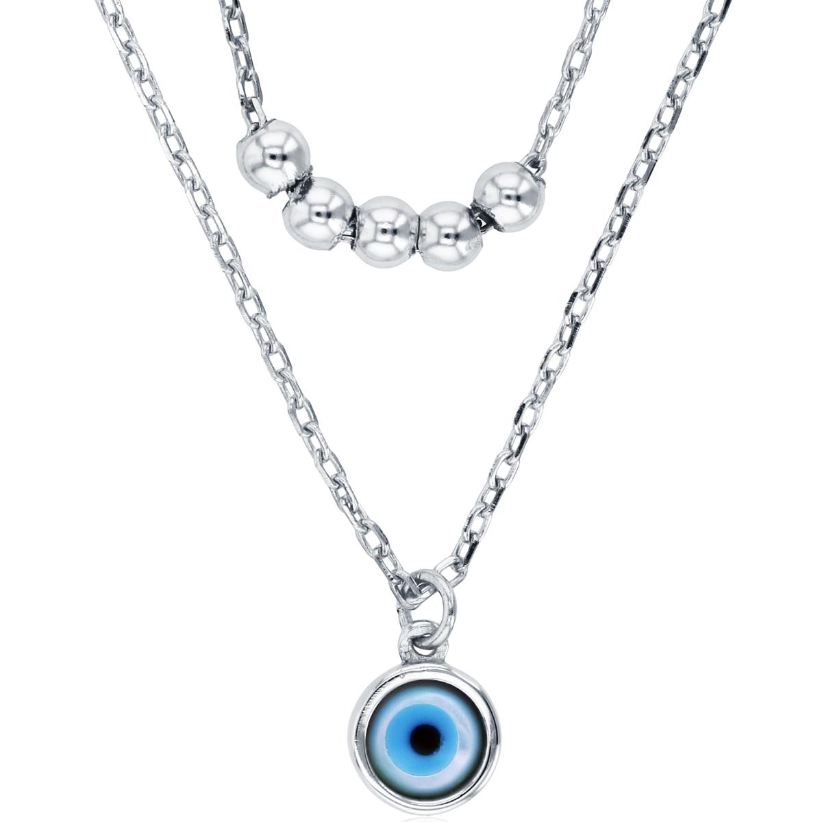 Sterling Silver Rhodium 8x6.5mm  Enamel Evil Eye & 3mm Movable Beads Layered 18"/16"+2"Necklace