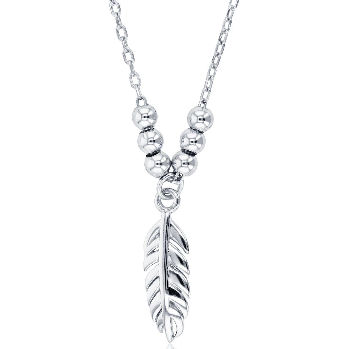 Sterling Silver Rhodium 3mm Movable Beads & Textured Leaf 16+2"Necklace