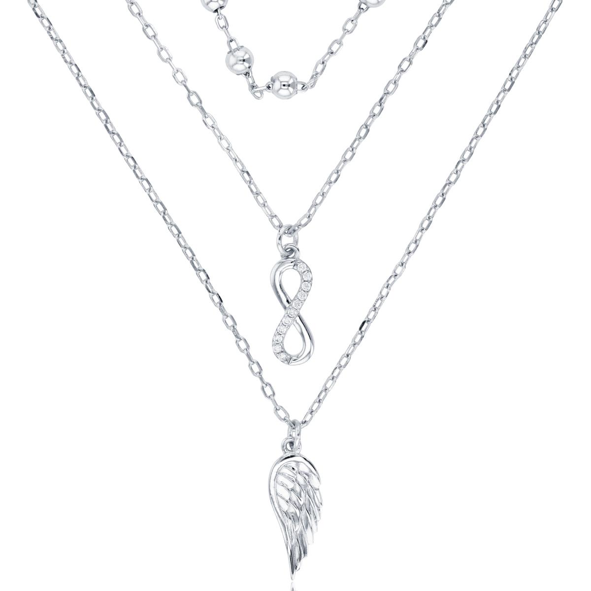 Sterling Silver Rhodium Rnd CZ Infinity/3mm Rnd Beads & Textured Wing 16"/17"/18"+2"Layered Necklace