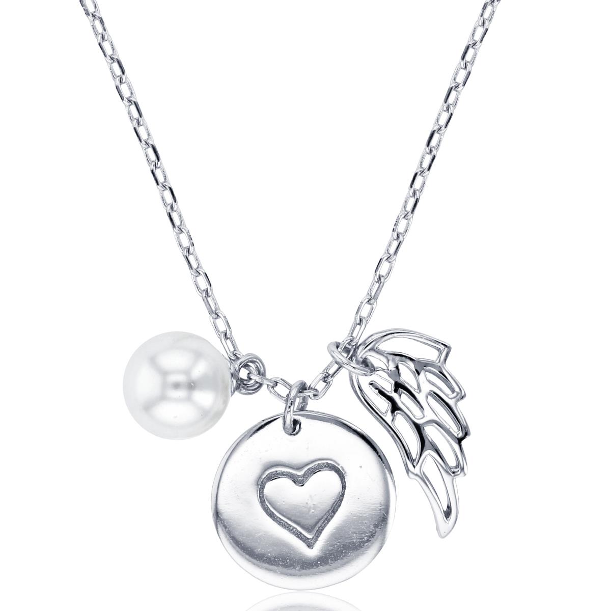 Sterling Silver Rhodium 7mm Rnd Pearl & High Polish Wing /Circle with Textured Heart 16"+2"Necklace