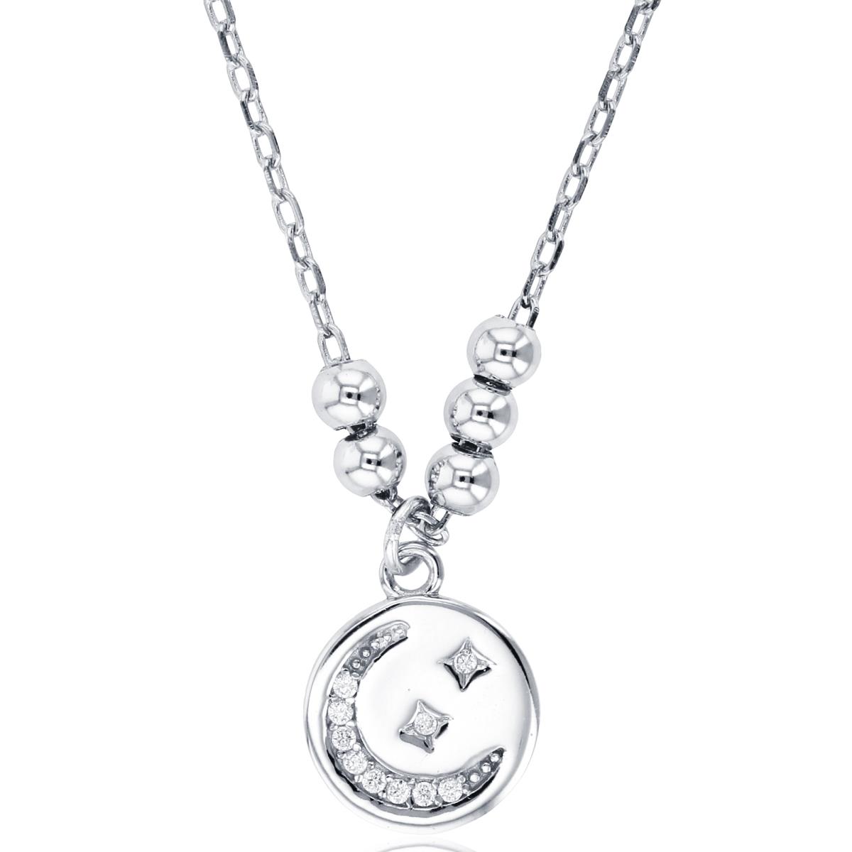 Sterling Silver Rhodium 3mm Movable Beads & Rnd CZ Moon/Stars on Circle 16"+2" Necklace