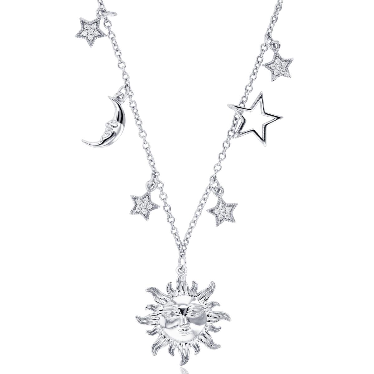 Sterling Silver Rhodium Textured Sun & Polish Moon/Rnd CZ Stars 16+2"Necklace