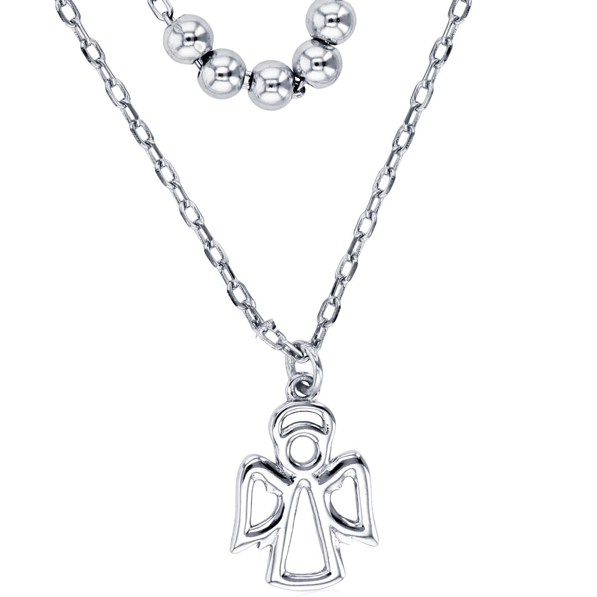 Sterling Silver Rhodium 3mm Movable Beads & High Polish Angel Layered 18"/16"+2"ext Necklace