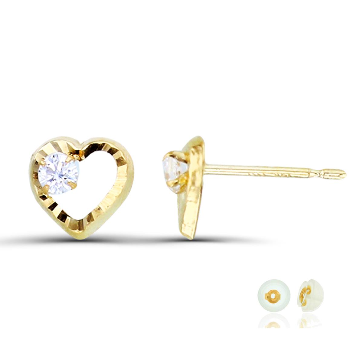 14K Yellow Gold 2mm Rd CZ DC Heart Stud Earring with Silicone Back