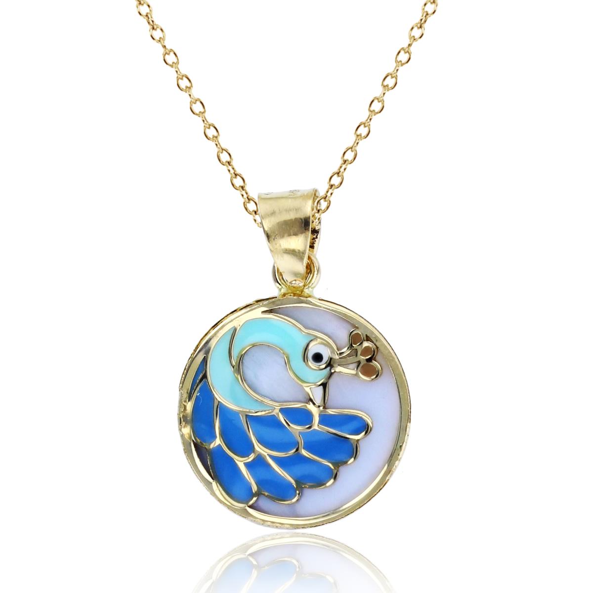 14K Yellow Gold Enamel 22x14mm  Peacock 18"Necklace