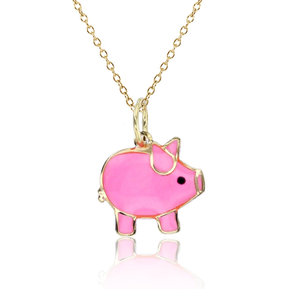 14K Yellow Gold Enamel 17x13mm Pinky Pig 18"Necklace