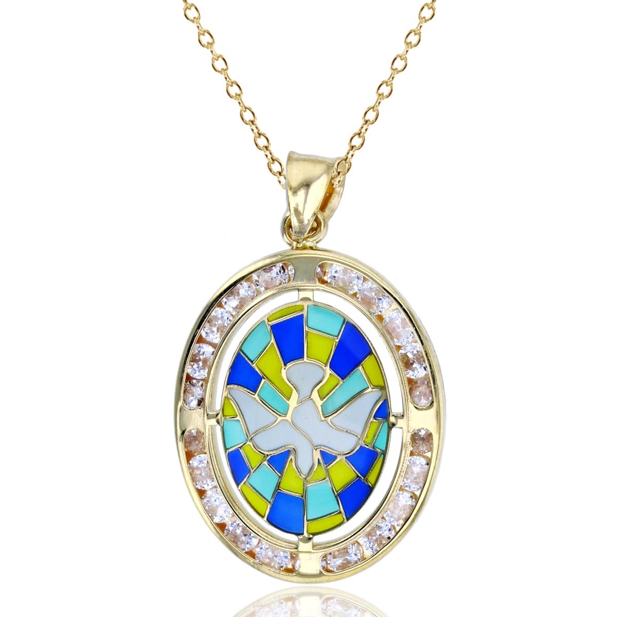 14K Yellow Gold Enamel 29x17mm Dove with Crystals on Oval 18"Necklace