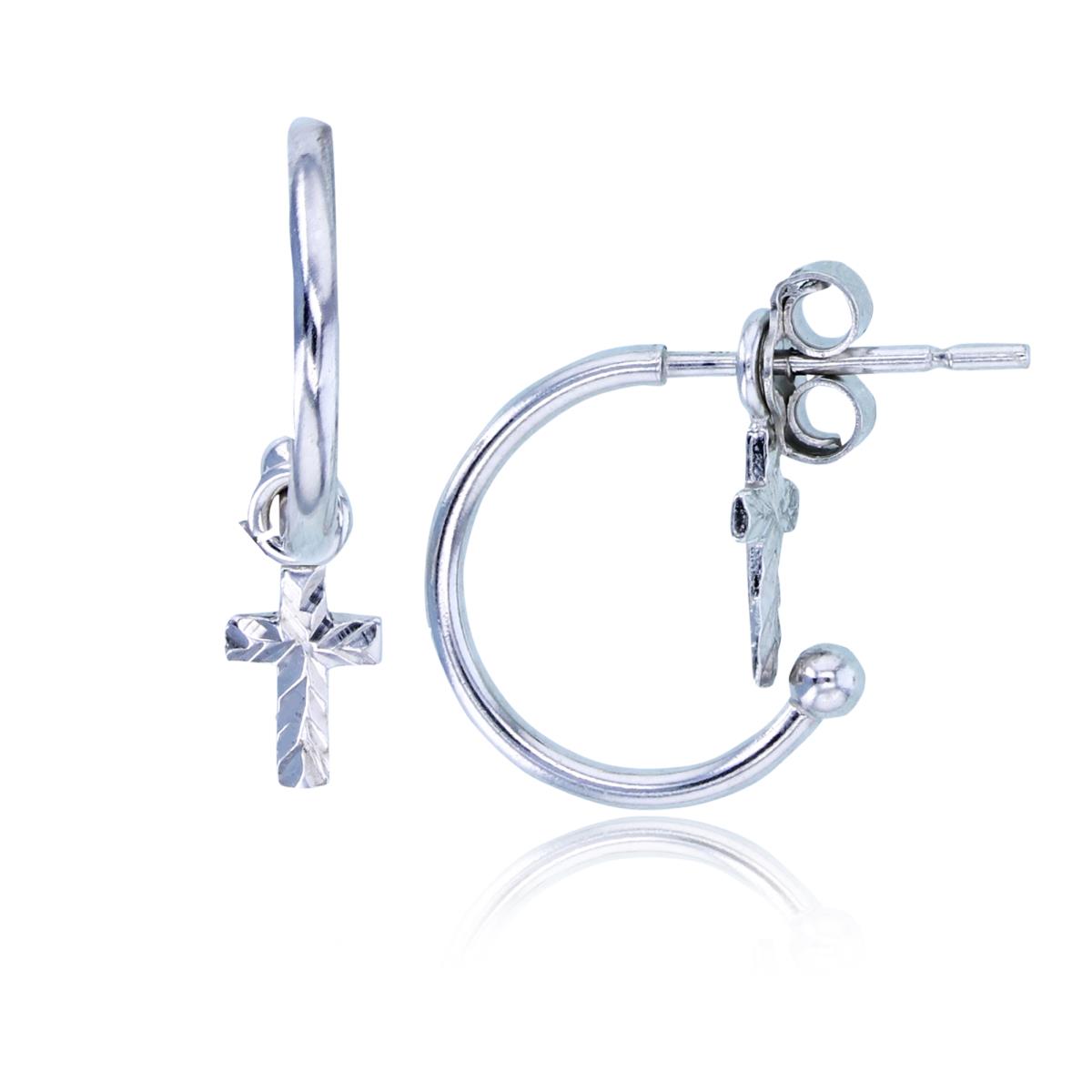Sterling Silver Rhodium DC Cross Charm Dangling Open Huggie Earrings