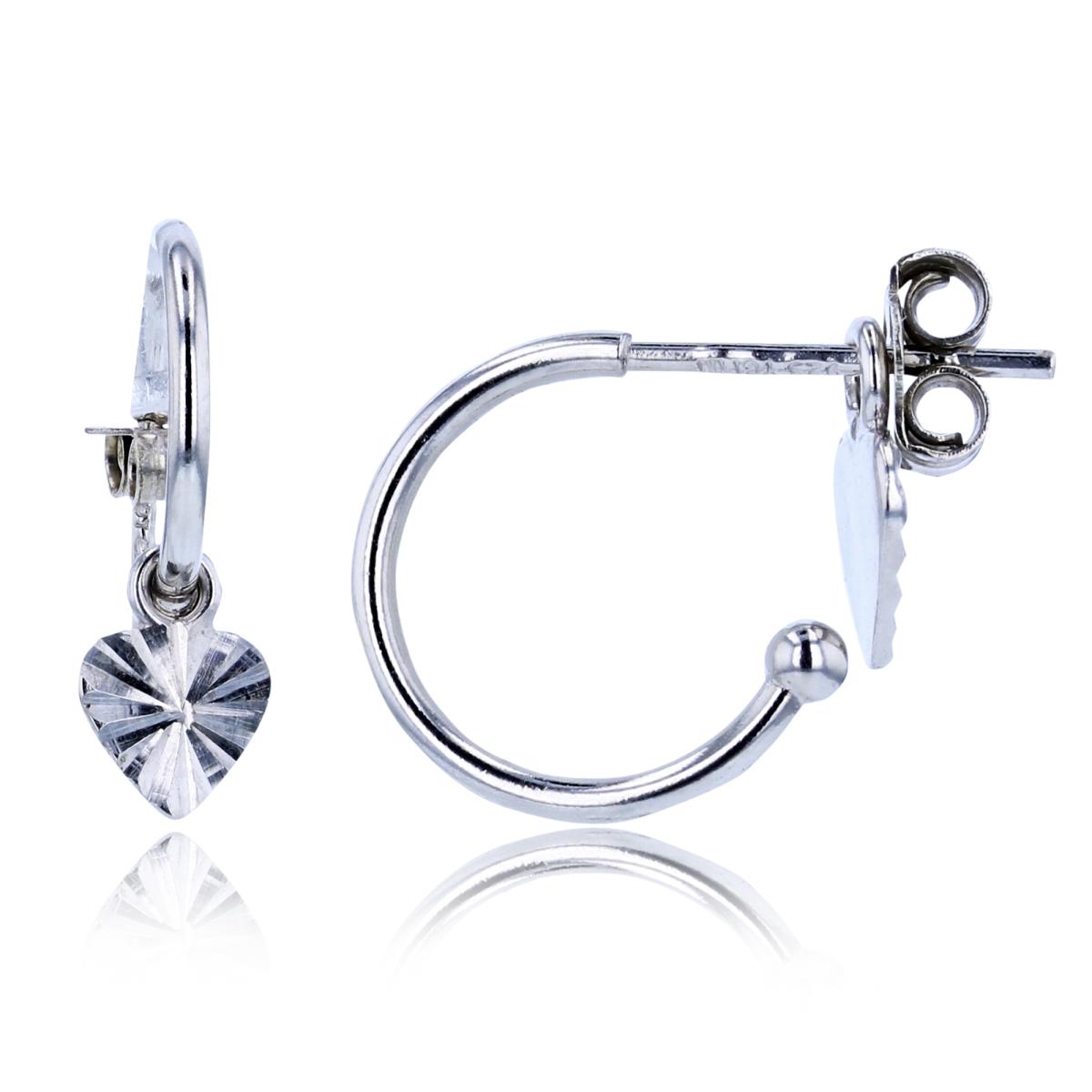 Sterling Silver Rhodium DC Heart Charm Dangling Open Huggie Earrings