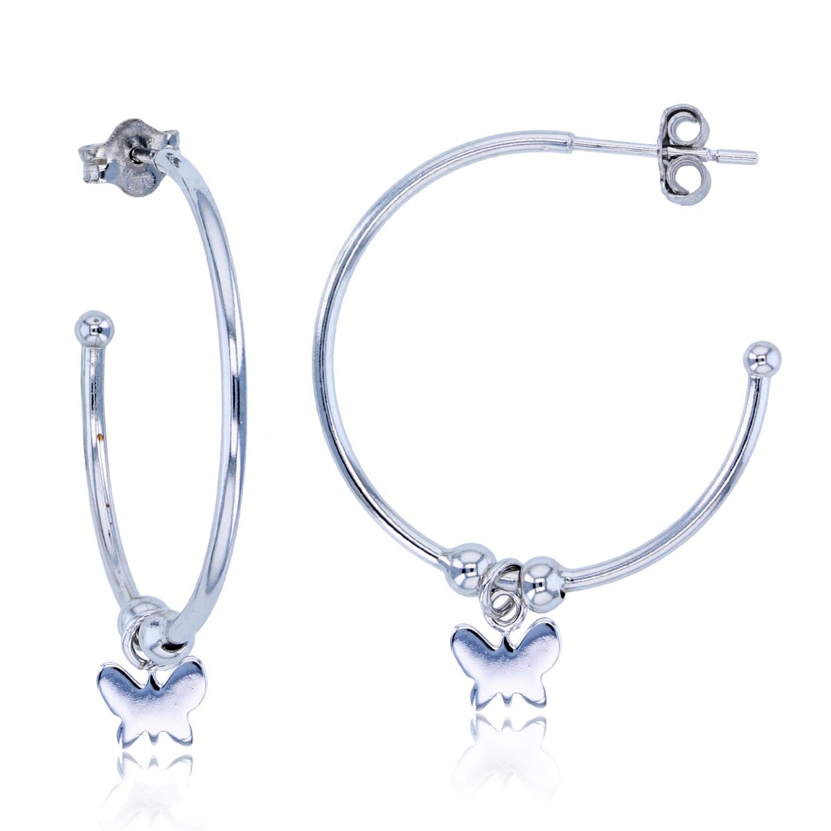 Sterling Silver Rhodium Movable Beads & Dangling Butterfly Half Hoop Earrings