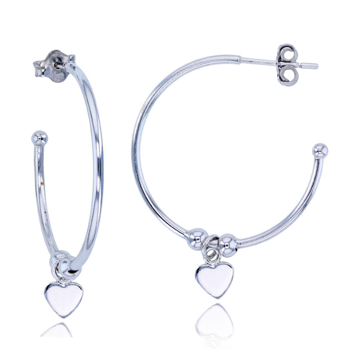 Sterling Silver Rhodium Movable Beads & Dangling Heart Half Hoop Earrings