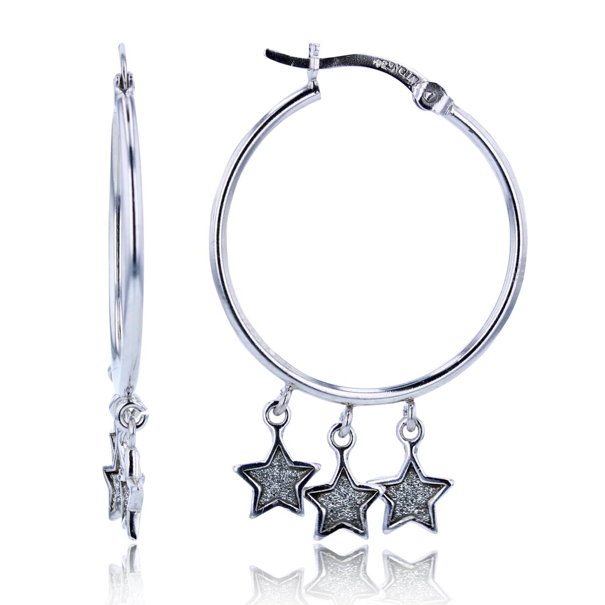 Sterling Silver Rhodium Glitter Stars Dangling Hoop Earrings