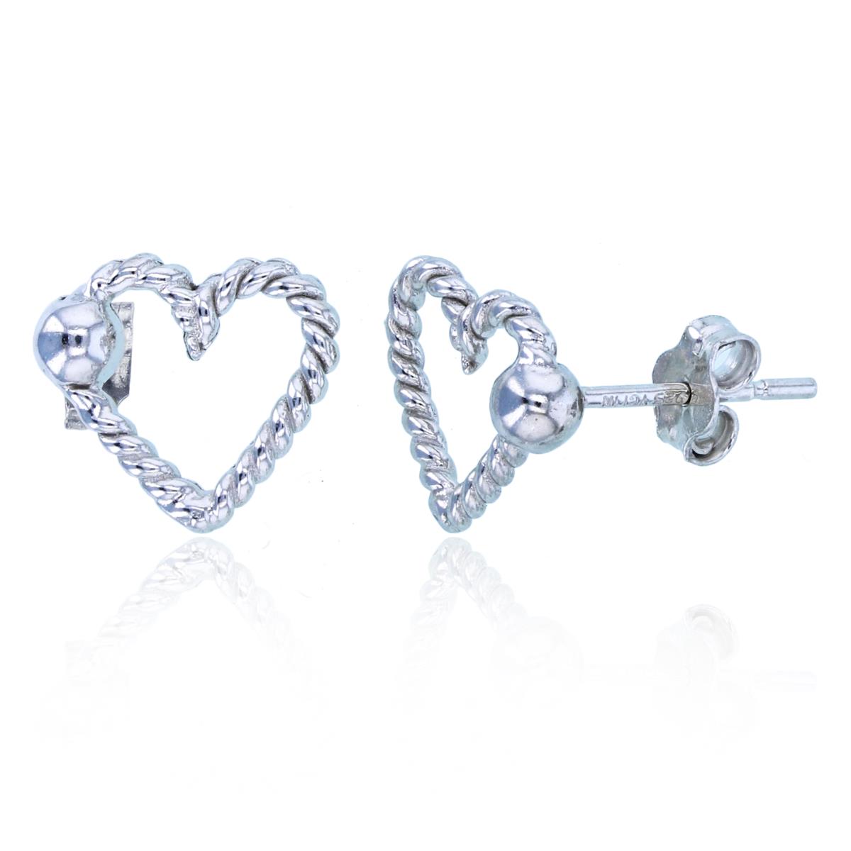 Sterling Silver Rhodium Twisted Open Heart with Bead Studs