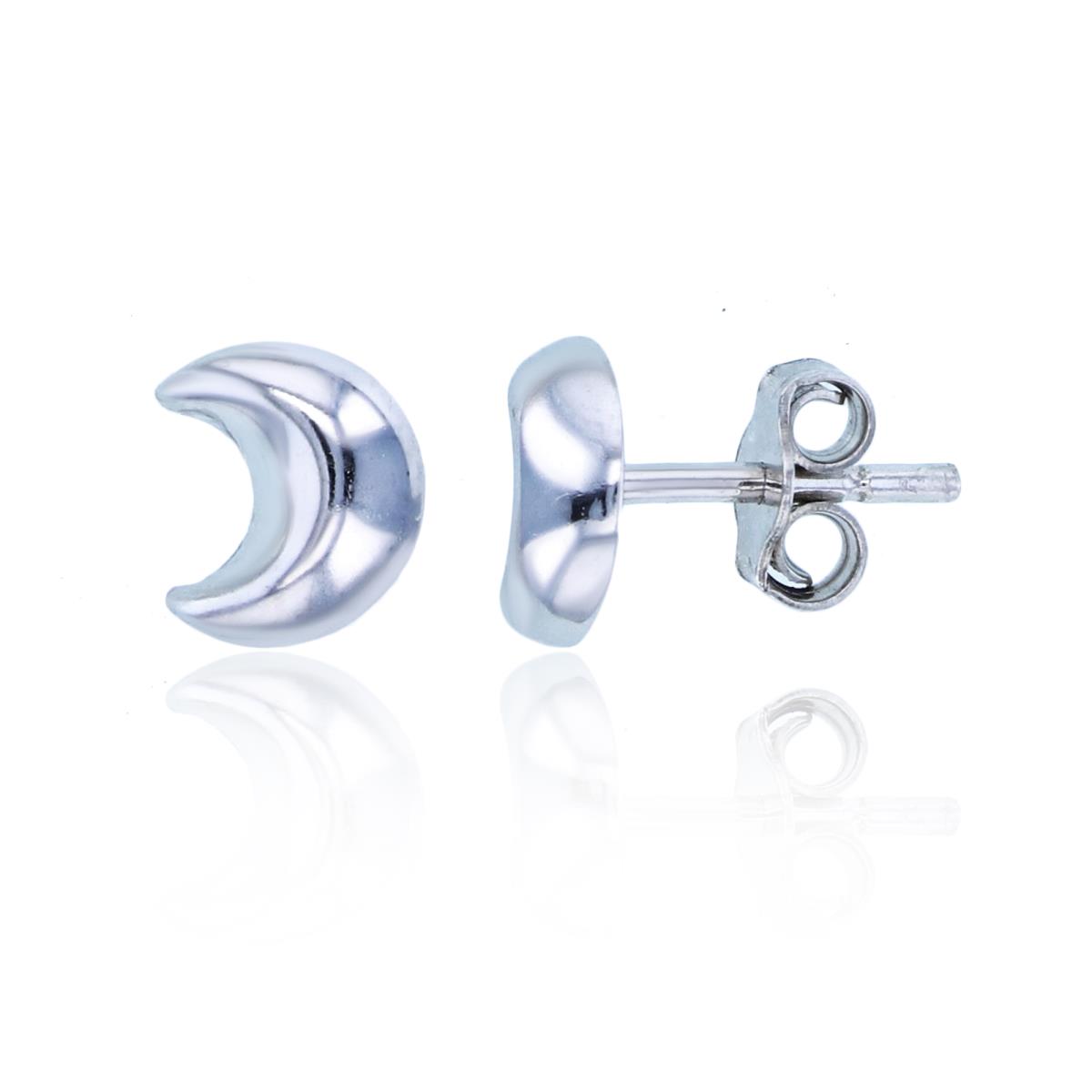 Sterling Silver Rhodium Polished Crescent Moon Studs