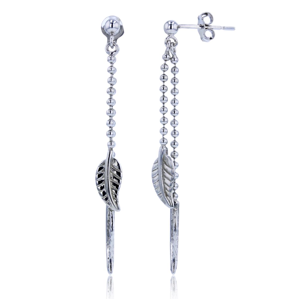 Sterling Silver Rhodium Textured Leaves on Beaded Chains Dangling Earrings