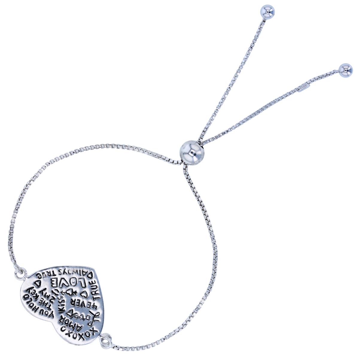 Sterling Silver Rhodium "Love" Heart Adjustable Bolo Bracelet