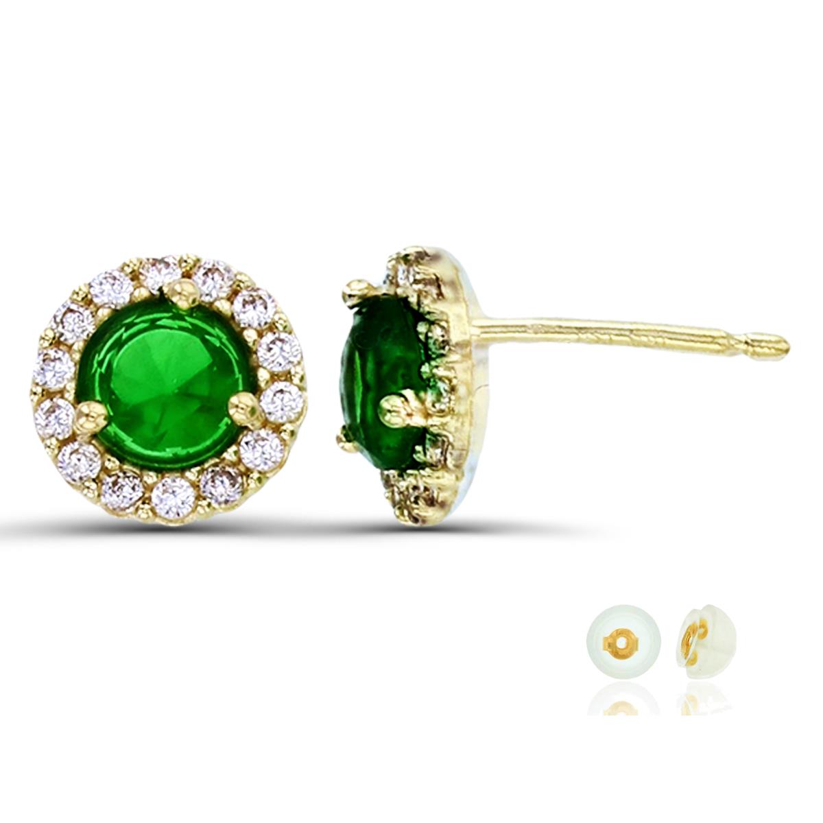 10K Yellow Gold 6.50mm Roseton Cluster White/Green CZ Stud Earring with Silicone Back