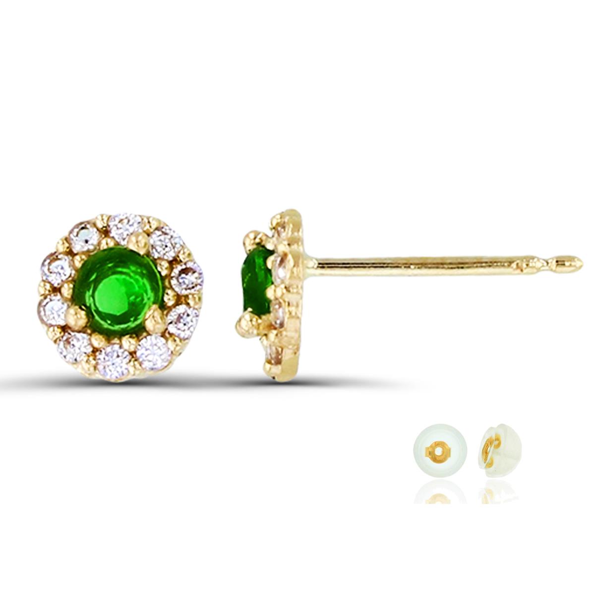 10K Yellow Gold 2.5mm Green Rd CZ & White Halo Stud Earring with Silicone Back